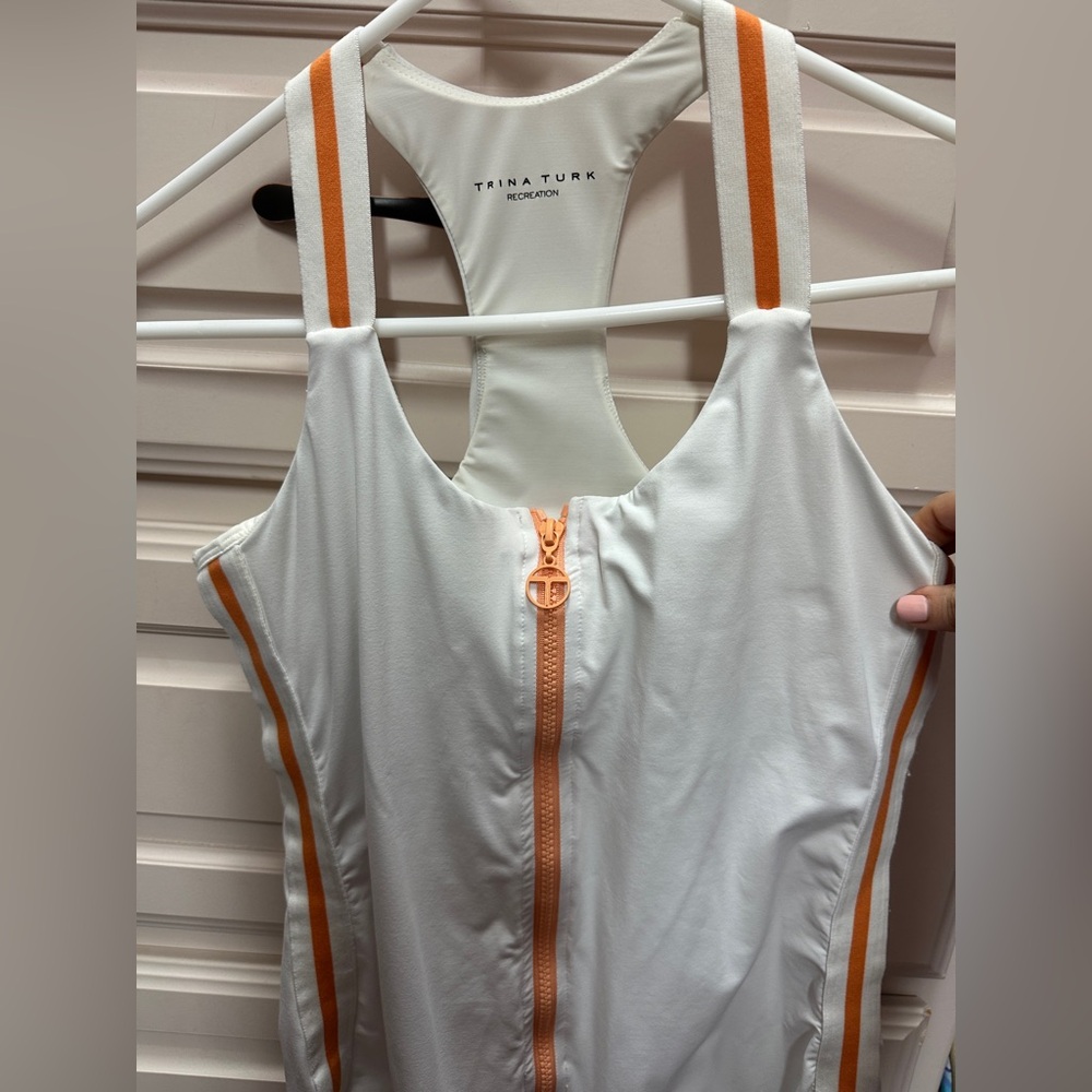 Trina Turk white and Orange Zip-Up Recreation athletic dress. Size L